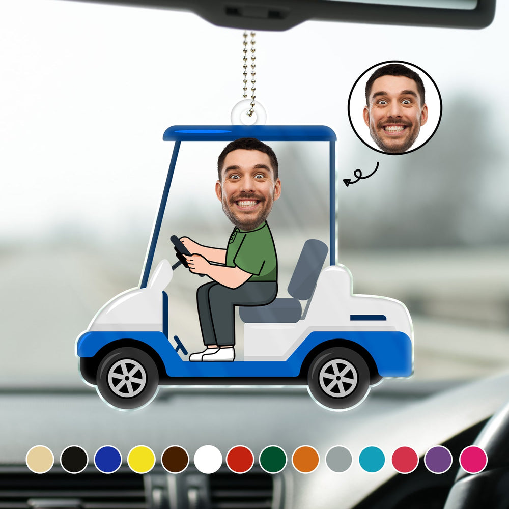 Custom Photo Golf Cart - Gift For Dad, Father, Grandpa, Golfer, Golf Lover - Personalized Acrylic Car Hanger