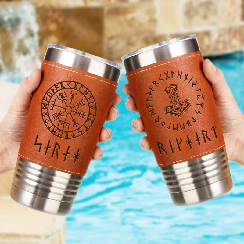 Gift For Women,Gift For Men,Gift For Yourself,Happy - Name In Viking Runes - Personalized Leather Tumbler