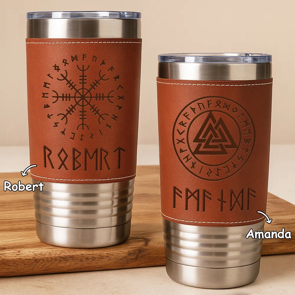 Name In Viking Runes - Personalized Leather Tumbler