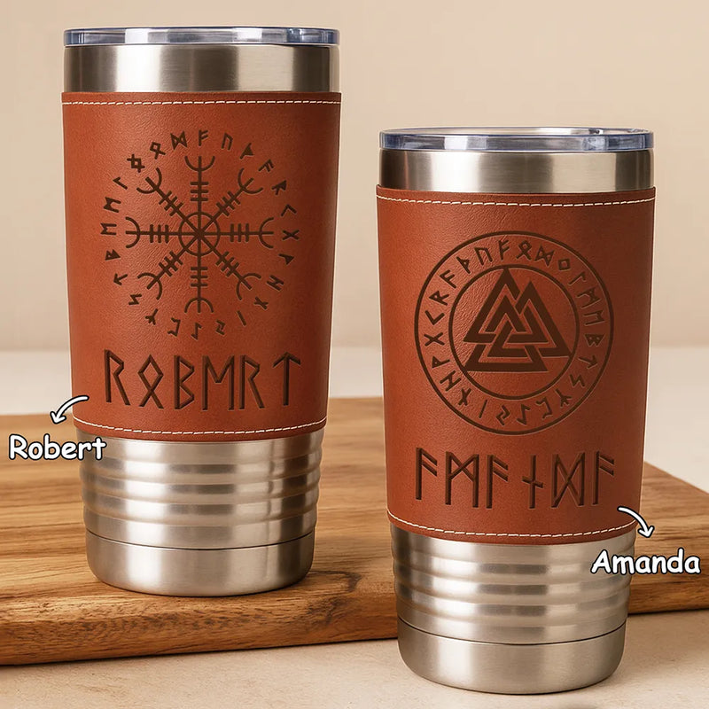 Gift For Women,Gift For Men,Gift For Yourself,Happy - Name In Viking Runes - Personalized Leather Tumbler