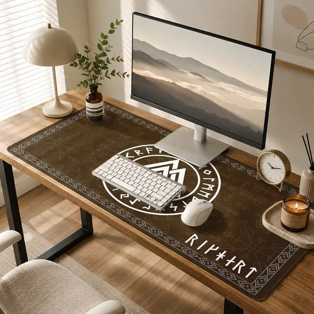 Top Market,Gift For Men,Gift For Yourself,Confident,Icon - Name in Viking Runes - Personalized Leather Desk Mat