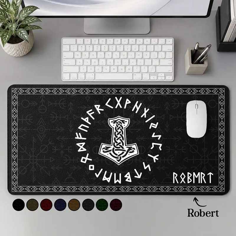 Top Market,Gift For Men,Gift For Yourself,Confident,Icon - Name in Viking Runes - Personalized Leather Desk Mat