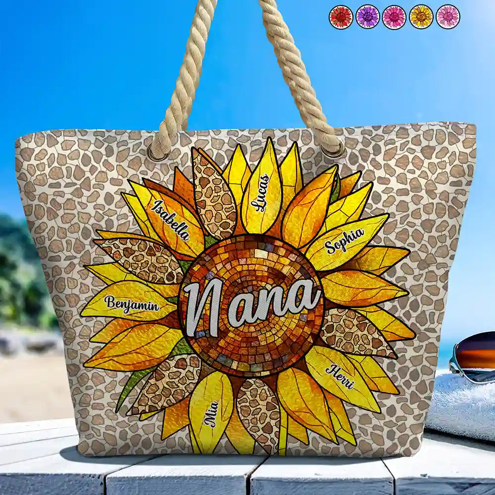 Gift For Mother,Gift For Grandma,Gift For Wife,Happy,Summer,Beach - Nana Auntie Mom Family Sunflower - Personalized Beach Bag