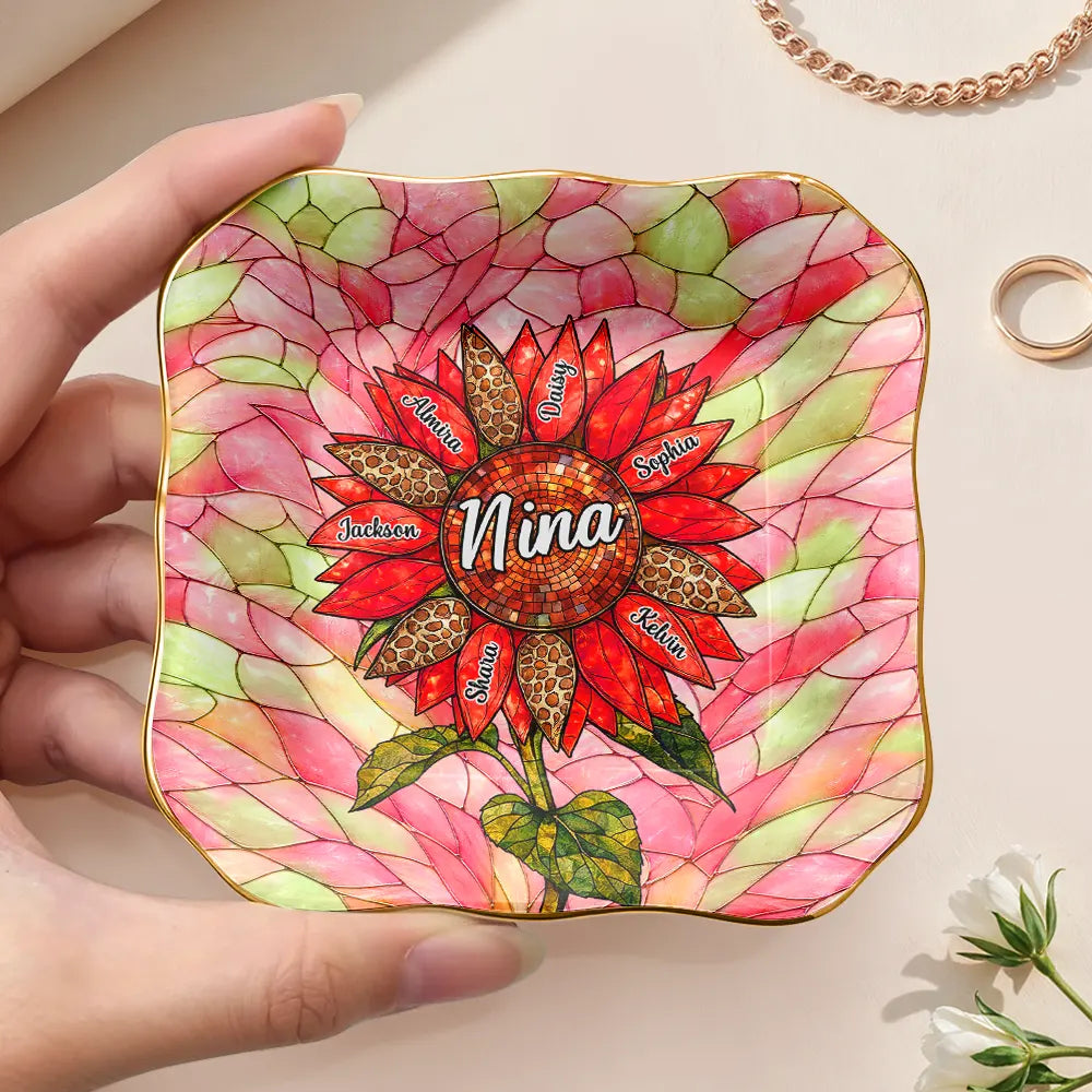 Gift For Grandma,Gift For Mother,Happy,Icon - Nana Auntie Mom Family Sunflower - Personalized Ring Dish