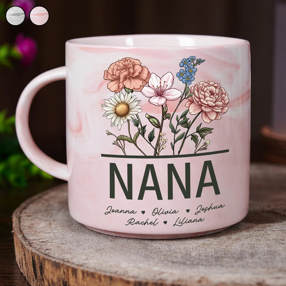 Nana Grandma Mom Birth Flowers - Personalized Marble Mug