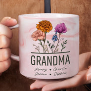Gift For Grandma,Gift For Mother,Gift For Wife,Happy - Nana Grandma Mom Birth Flowers - Personalized Marble Mug