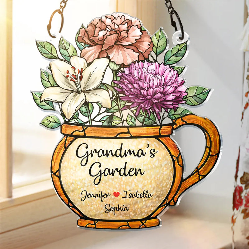 Gift For Grandma,Grandma - Grandkids,Happy - Nana Grandma's Garden Birth Month Flower - Personalized Window Hanging Suncatcher Ornament