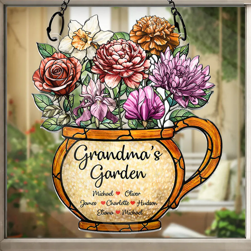Gift For Grandma,Grandma - Grandkids,Happy - Nana Grandma's Garden Birth Month Flower - Personalized Window Hanging Suncatcher Ornament