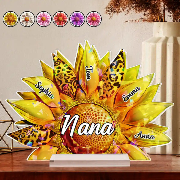 Gift For Mother,Gift For Grandma,Love - Nana, Mom, Auntie Family Leopard Sunflower 3D Effect - Personalized Holographic Acrylic Plaque