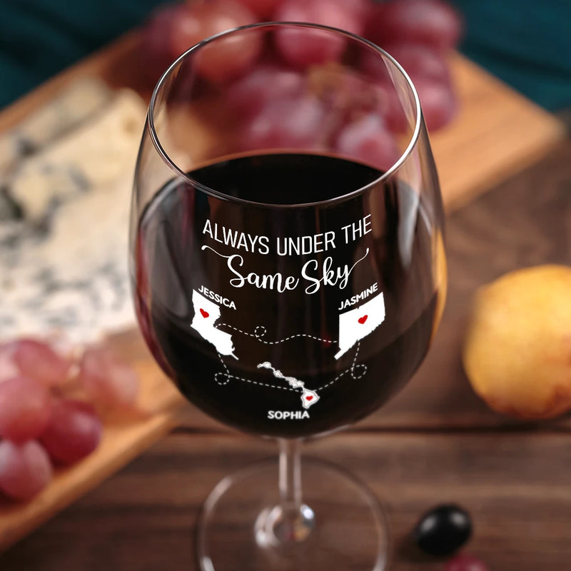 Love,Gift For Bestie,Long Distance,Gift For Sisters,Gift For Sibling,Mom,Daughters,Family - Never Too Far To Drink Together Besties Sisters - Personalized Wine Glass