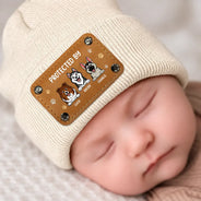 Top Market,Pet Mom,New Baby,Playful,Christmas,Gift For Mother,Pet Lovers,Vector - New Baby Protected By Pets Gift For New Mom New Dad New Baby - Personalized Beanie With Leather Patch