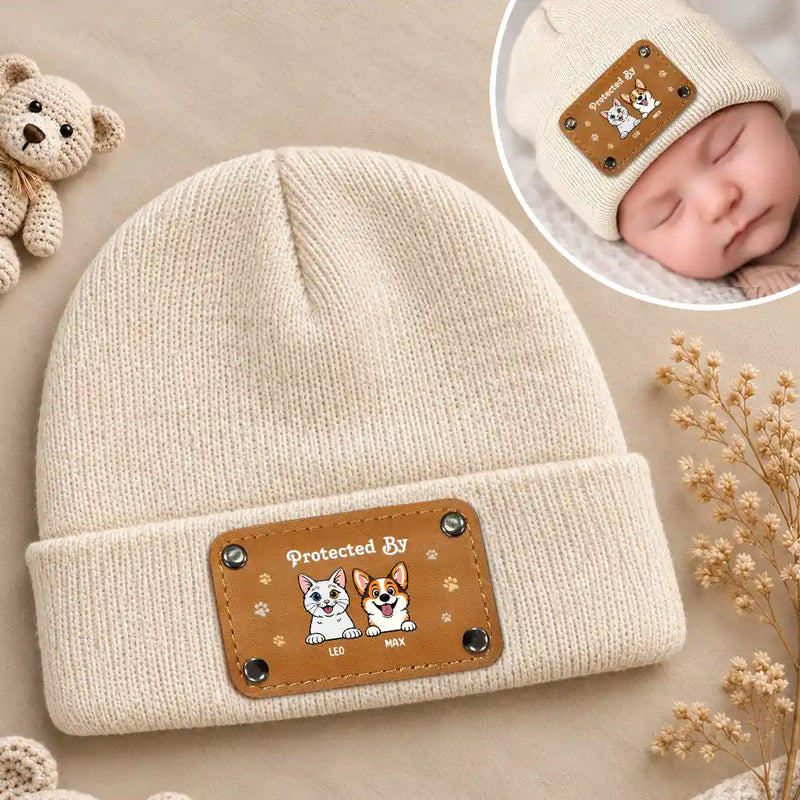 Top Market,Pet Mom,New Baby,Playful,Christmas,Gift For Mother,Pet Lovers,Vector - New Baby Protected By Pets Gift For New Mom New Dad New Baby - Personalized Beanie With Leather Patch