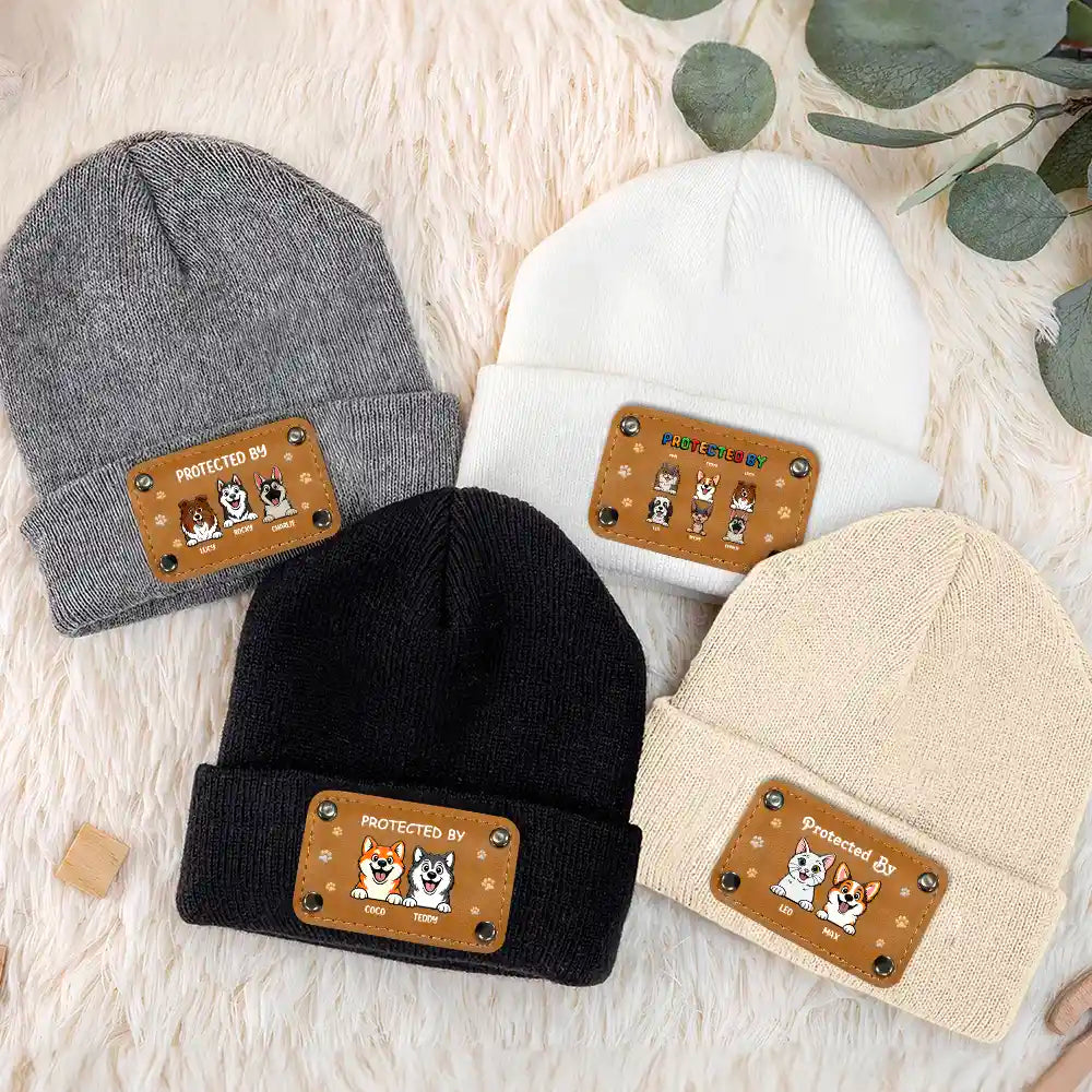 Top Market,Pet Mom,New Baby,Playful,Christmas,Gift For Mother,Pet Lovers,Vector - New Baby Protected By Pets Gift For New Mom New Dad New Baby - Personalized Beanie With Leather Patch