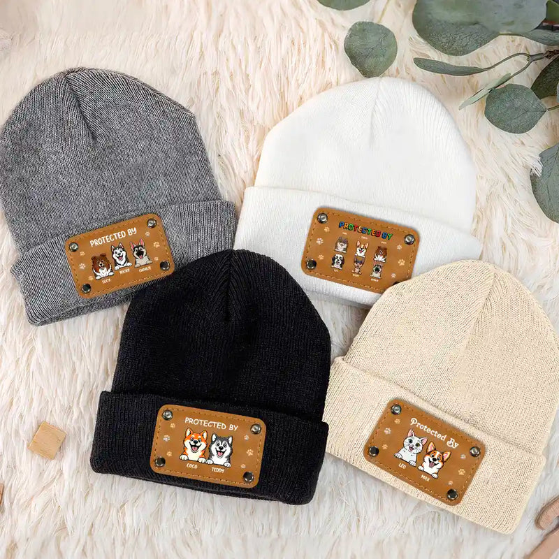 Top Market,Pet Mom,New Baby,Playful,Christmas,Gift For Mother,Pet Lovers,Vector - New Baby Protected By Pets Gift For New Mom New Dad New Baby - Personalized Beanie With Leather Patch