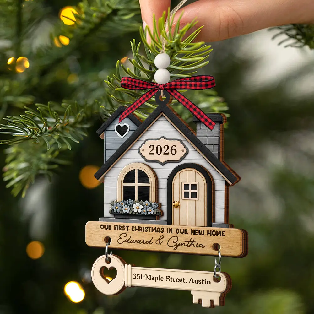 Top Market,Christmas,Married Couple,Gift For Couples,Custom Text,Happy - New Home New Adventures New Memories - Personalized Wooden Ornament With Tag