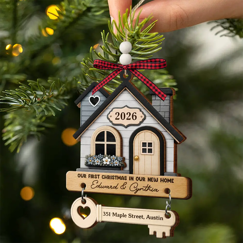 Top Market,Christmas,Married Couple,Gift For Couples,Custom Text,Happy - New Home New Adventures New Memories - Personalized Wooden Ornament With Tag