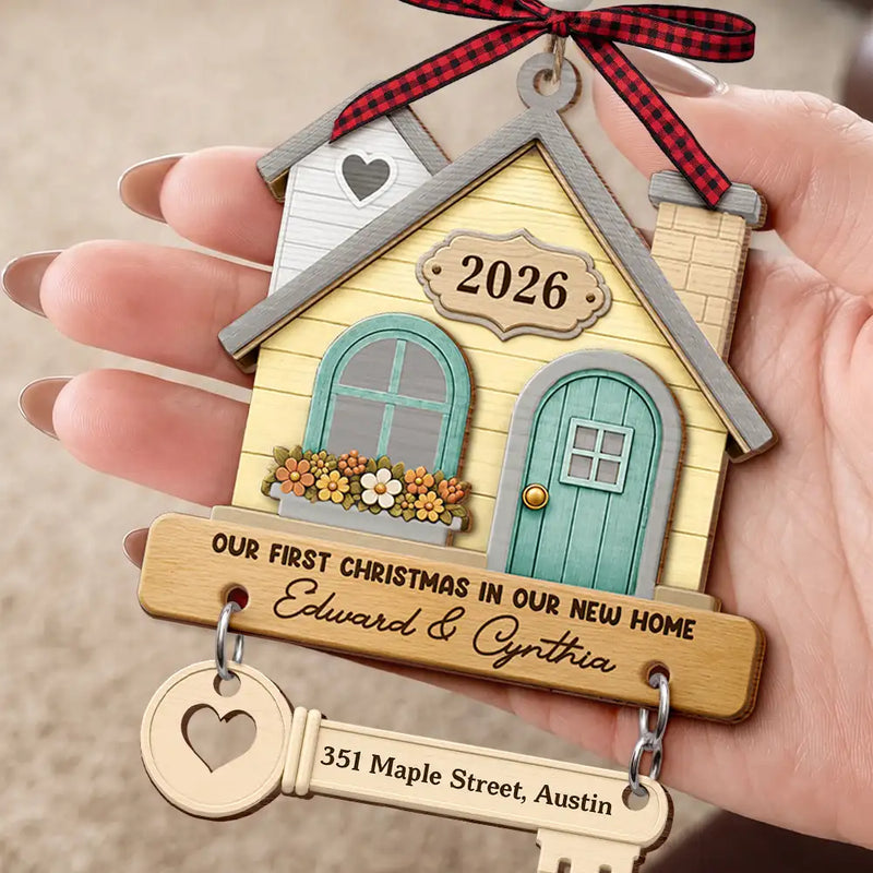 Top Market,Christmas,Married Couple,Gift For Couples,Custom Text,Happy - New Home New Adventures New Memories - Personalized Wooden Ornament With Tag