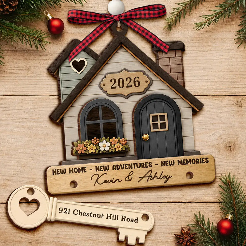 Top Market,Christmas,Married Couple,Gift For Couples,Custom Text,Happy - New Home New Adventures New Memories - Personalized Wooden Ornament With Tag