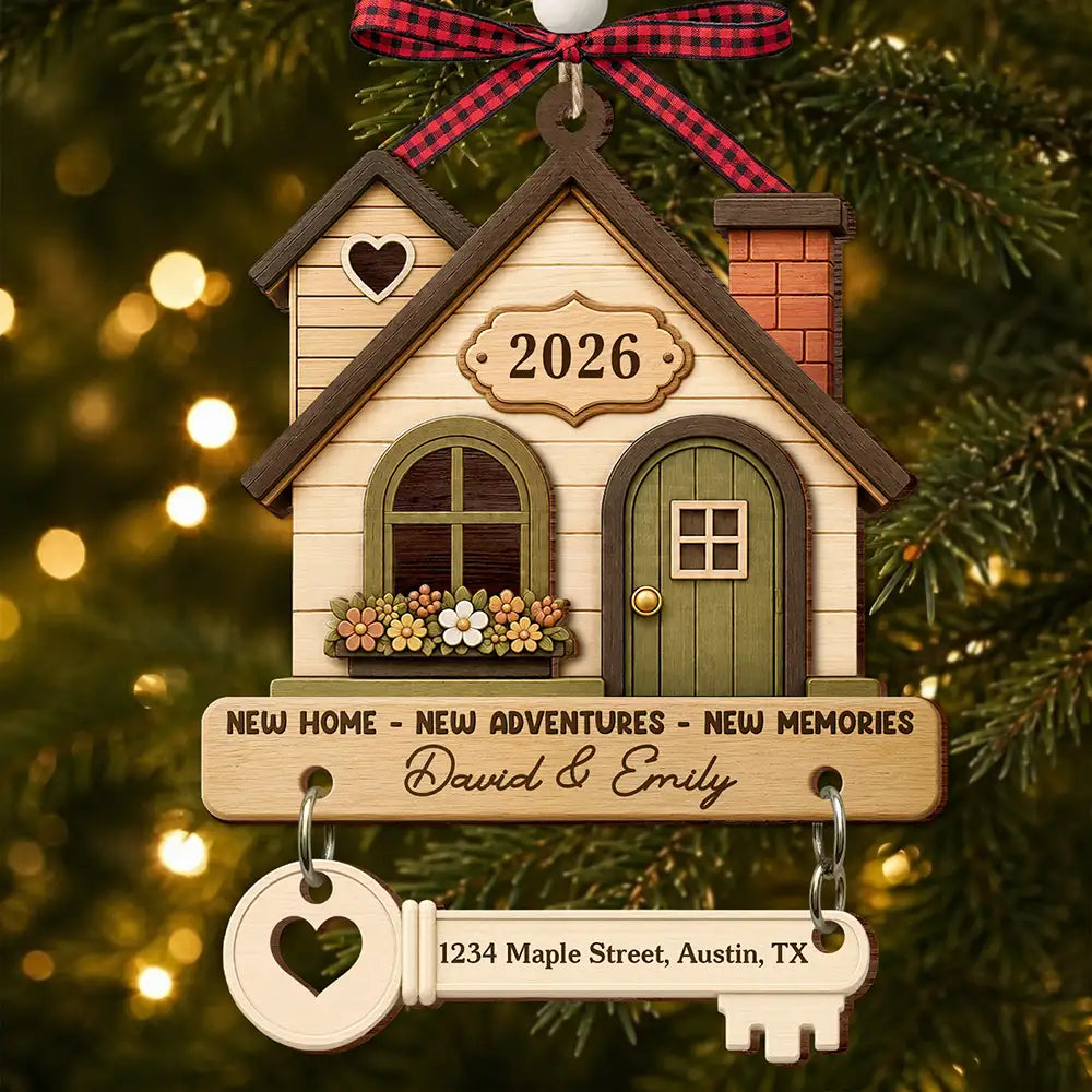 Top Market,Christmas,Married Couple,Gift For Couples,Custom Text,Happy - New Home New Adventures New Memories - Personalized Wooden Ornament With Tag