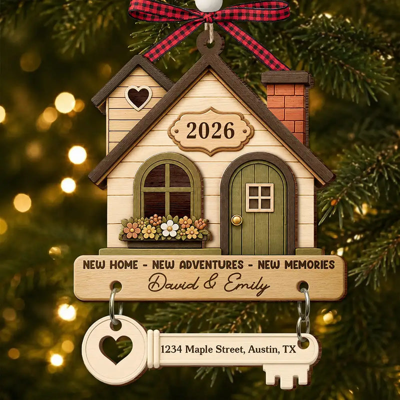 Top Market,Christmas,Married Couple,Gift For Couples,Custom Text,Happy - New Home New Adventures New Memories - Personalized Wooden Ornament With Tag