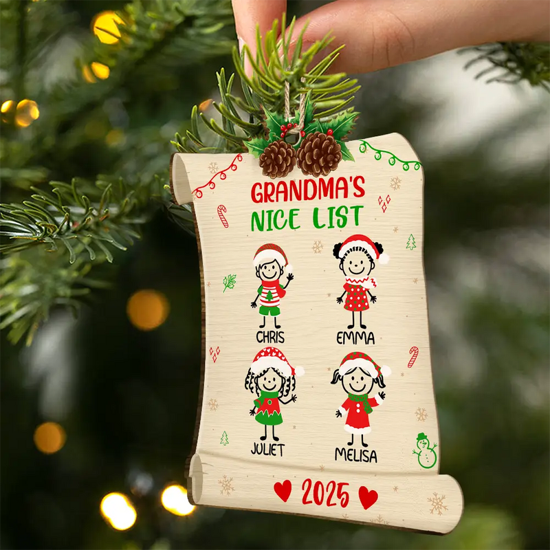 Christmas,Gift For Grandma,Grandma,Grandkids,Mom,Children,Stick Figure - Nice List Of Grandma Mommy - Personalized Custom Shaped Wooden Ornament