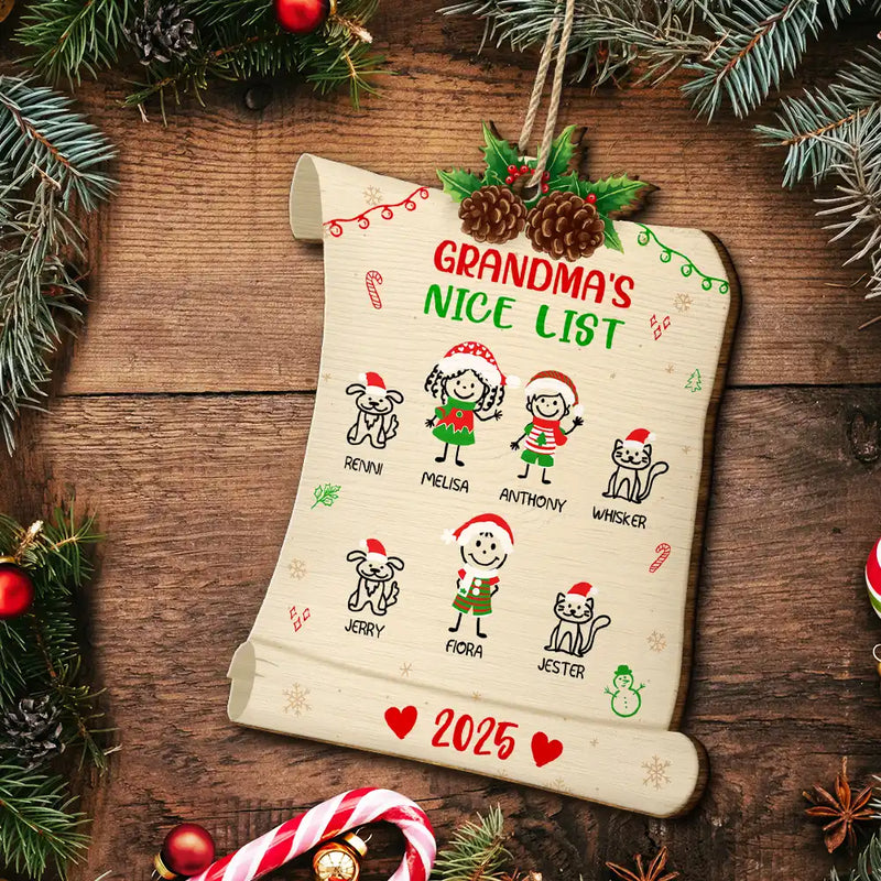 Christmas,Gift For Grandma,Grandma,Grandkids,Mom,Children,Stick Figure - Nice List Of Grandma Mommy - Personalized Custom Shaped Wooden Ornament