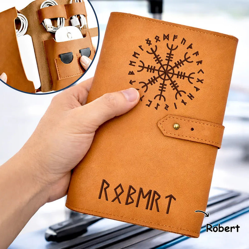 Gift For Women, Gift For Men, Gift For Yourself, Happy - Norse Mythology Viking Runes - Personalized Leather Cable Bag