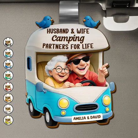 Old Couple Camping Partners For Life - Personalized Custom Shaped Car Visor Clip
