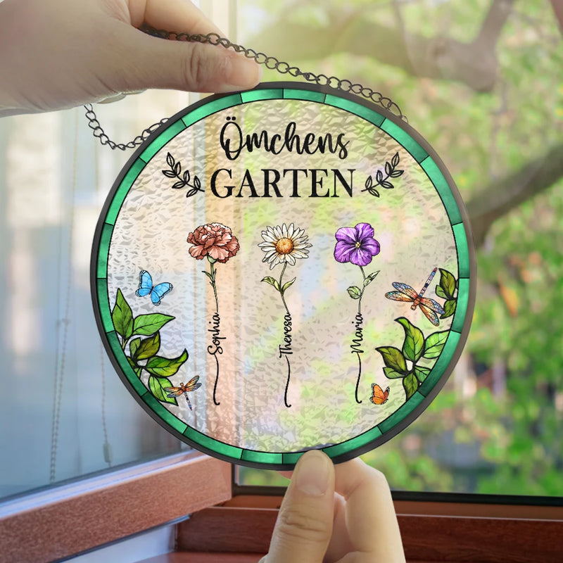 Gift For Yourself,Gift For Women,Gift For Mother,Gift For Grandma,Love,German - Omas Mamas Garten - Personalisierter Buntglas-Fenster-Sonnenfänger Zum Aufhängen