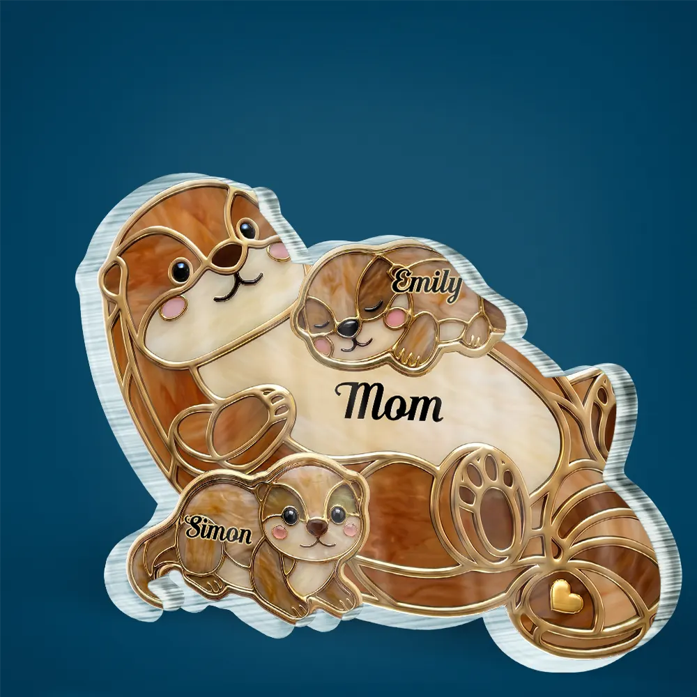 Gift For Mother, Adorable, Icon - Otter Pups Stained Glass Effect Mom Grandma - Personalized Custom Shaped Acrylic Plaque