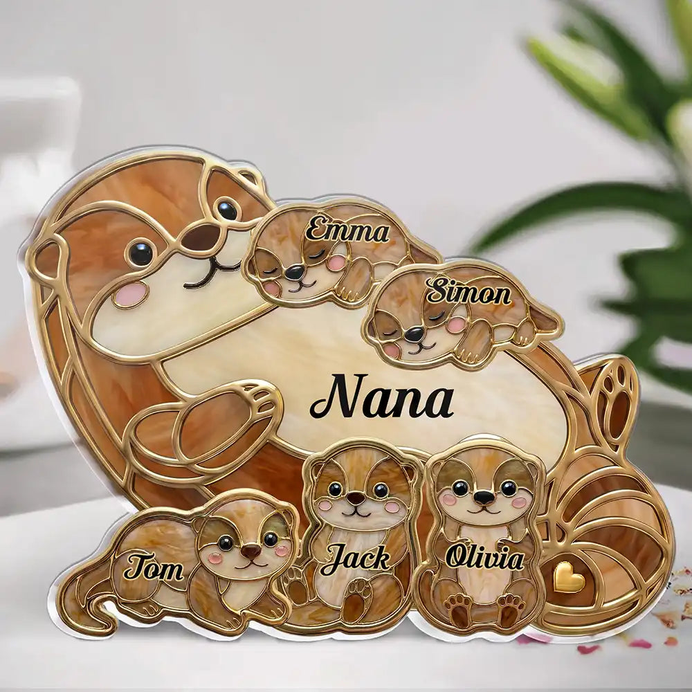 Gift For Mother, Adorable, Icon - Otter Pups Stained Glass Effect Mom Grandma - Personalized Custom Shaped Acrylic Plaque