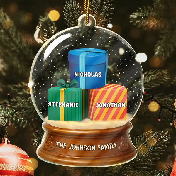 Happy,Family,Christmas - Our Family 3D Effect Pile Of Gilfs - Personalized Custom Shaped Acrylic Ornament