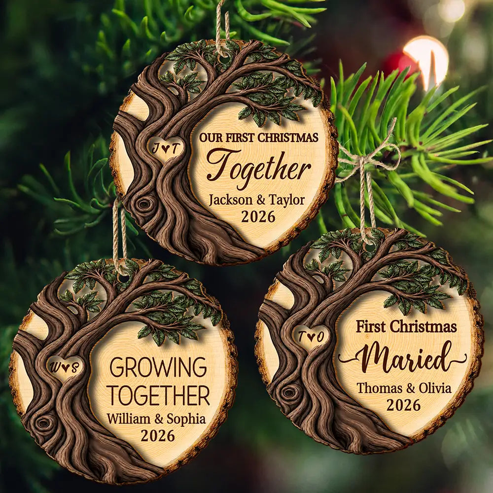 Top Market,Christmas,Married Couple,Romantic,Gift For Couples,Icon - Our First Christmas As Mr & Mrs Newly Wed Couple - Personalized 2-Layered Wooden Ornament