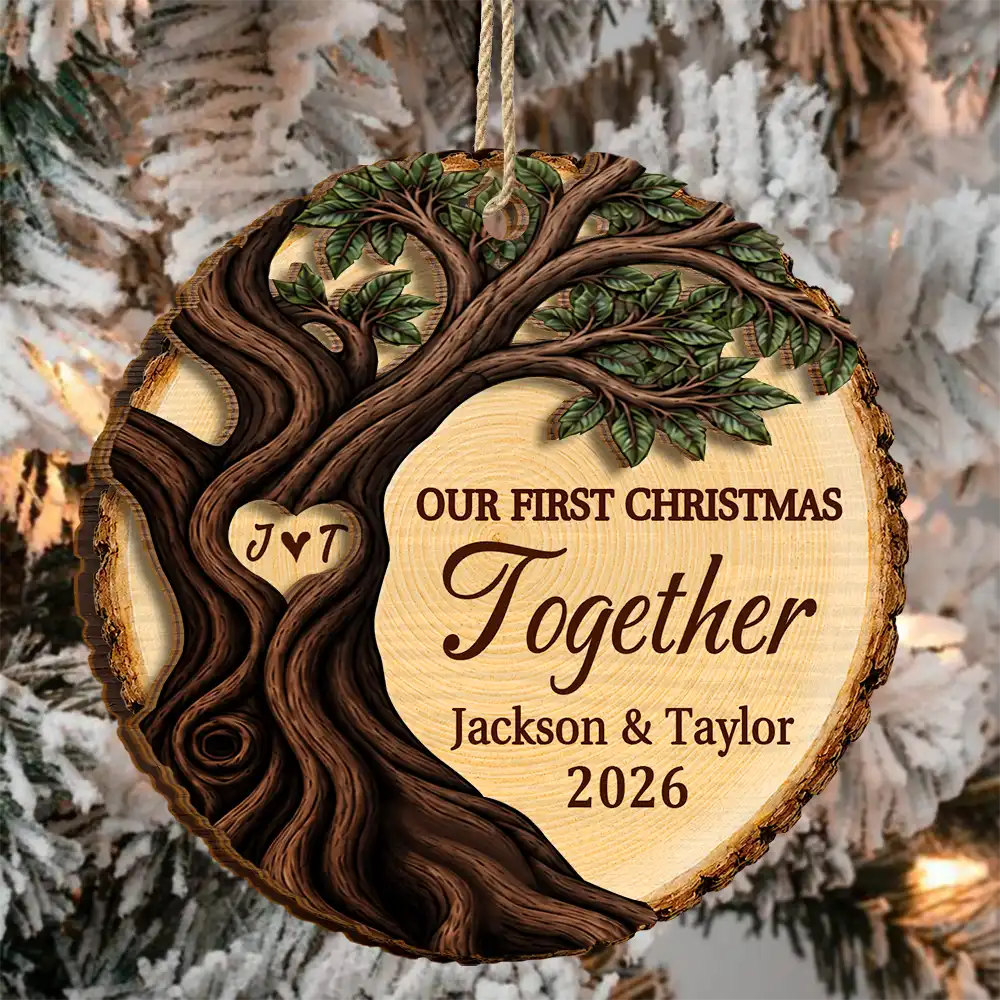Top Market,Christmas,Married Couple,Romantic,Gift For Couples,Icon - Our First Christmas As Mr & Mrs Newly Wed Couple - Personalized 2-Layered Wooden Ornament