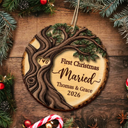 Top Market,Christmas,Married Couple,Romantic,Gift For Couples,Icon - Our First Christmas As Mr & Mrs Newly Wed Couple - Personalized 2-Layered Wooden Ornament
