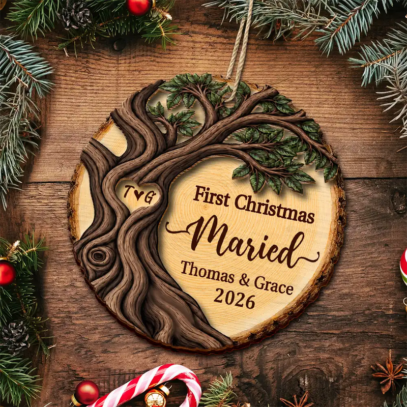 Top Market,Christmas,Married Couple,Romantic,Gift For Couples,Icon - Our First Christmas As Mr & Mrs Newly Wed Couple - Personalized 2-Layered Wooden Ornament