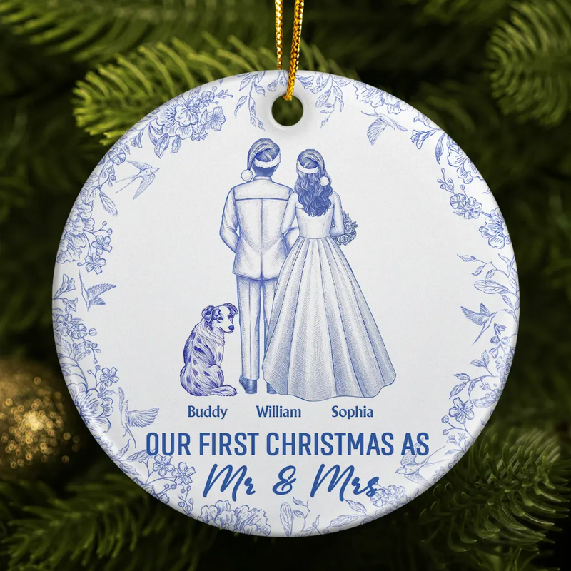 Christmas,Romantic,Gift For Couples,Vector - Our First Christmas As Mr & Mrs Wedding Couple Dog Cat Pet Toilet - Personalized Circle Ceramic Ornament