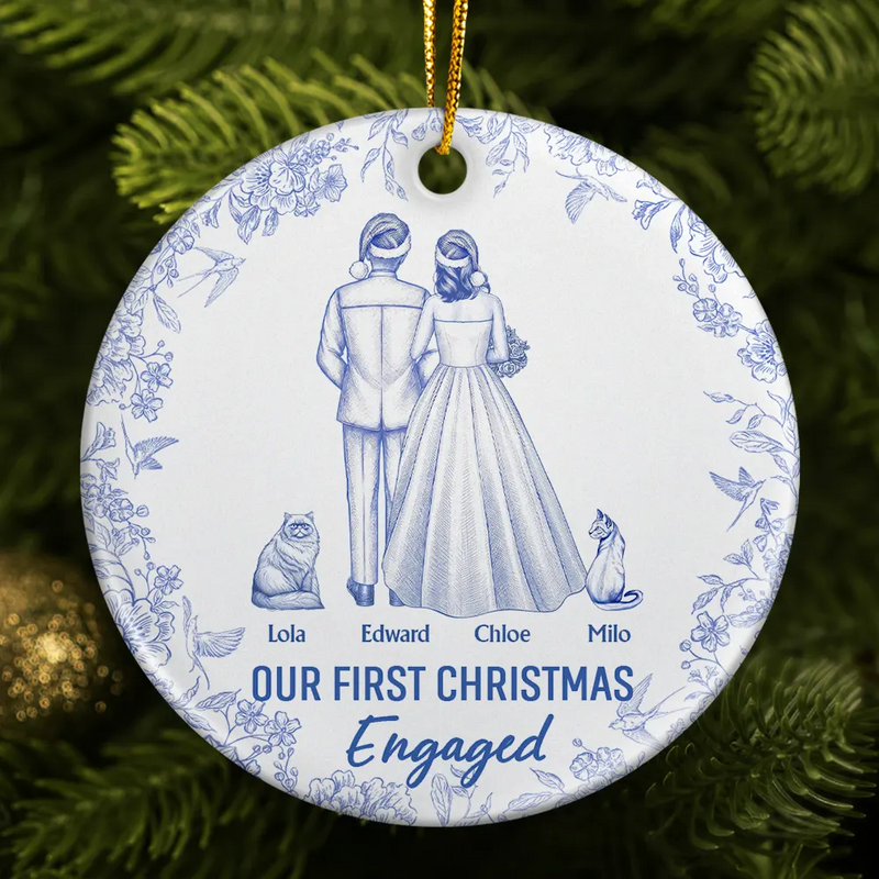 Christmas,Romantic,Gift For Couples,Vector - Our First Christmas As Mr & Mrs Wedding Couple Dog Cat Pet Toilet - Personalized Circle Ceramic Ornament