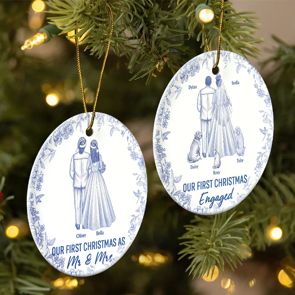 Christmas,Romantic,Gift For Couples,Vector - Our First Christmas As Mr & Mrs Wedding Couple Dog Cat Pet Toilet - Personalized Circle Ceramic Ornament
