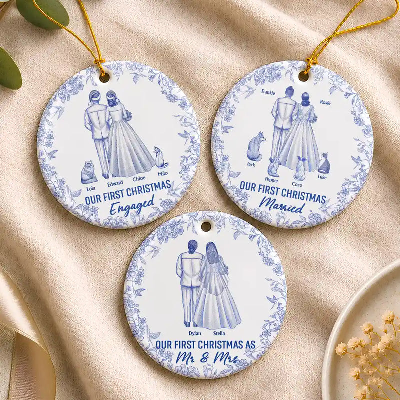 Christmas,Romantic,Gift For Couples,Vector - Our First Christmas As Mr & Mrs Wedding Couple Dog Cat Pet Toilet - Personalized Circle Ceramic Ornament