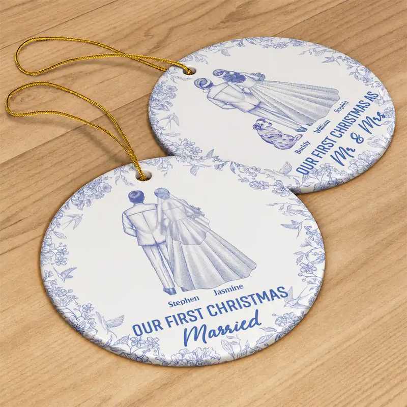 Christmas,Romantic,Gift For Couples,Vector - Our First Christmas As Mr & Mrs Wedding Couple Dog Cat Pet Toilet - Personalized Circle Ceramic Ornament