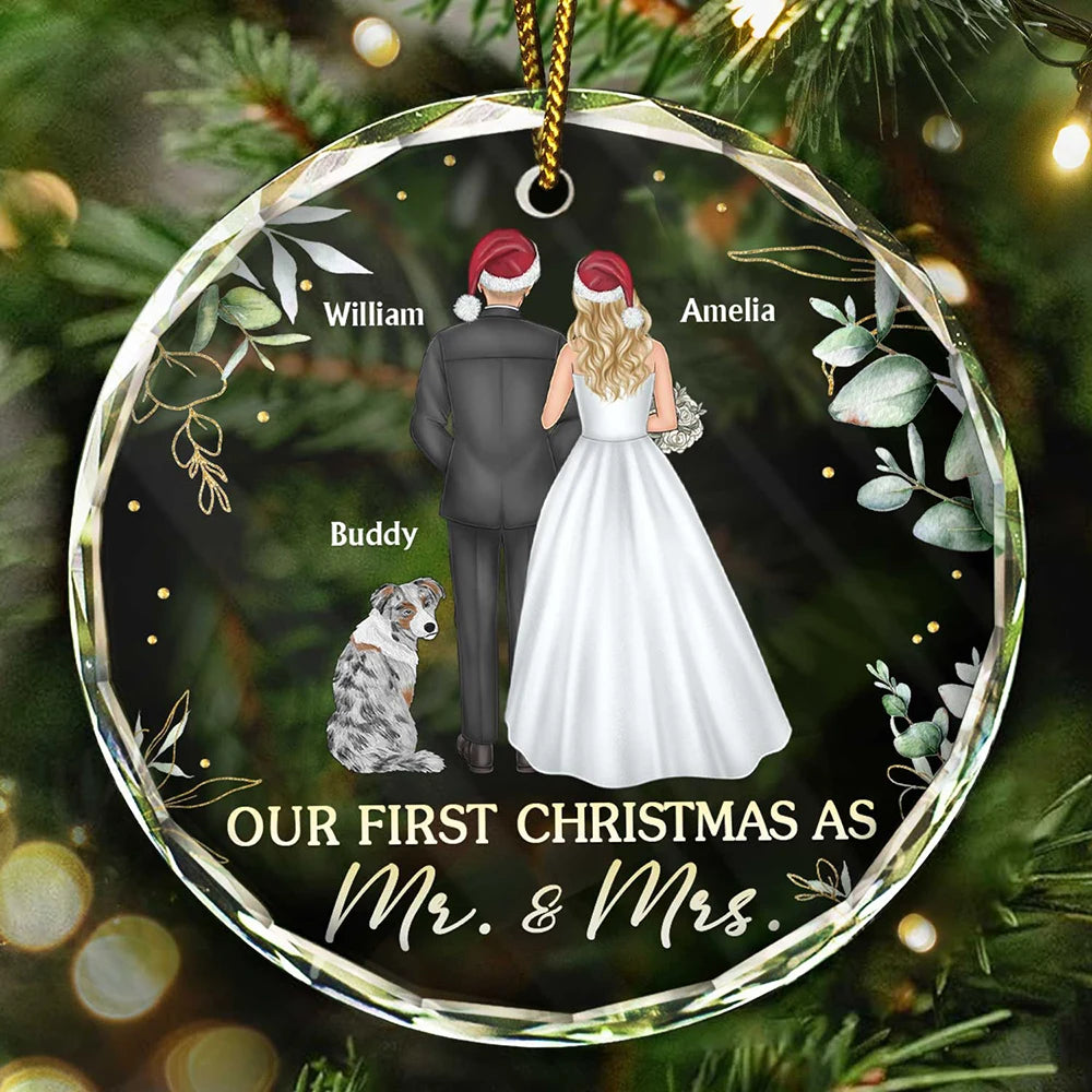 Our First Christmas As Mr & Mrs Wedding Couple Pet - Personalized Circle Glass Ornament