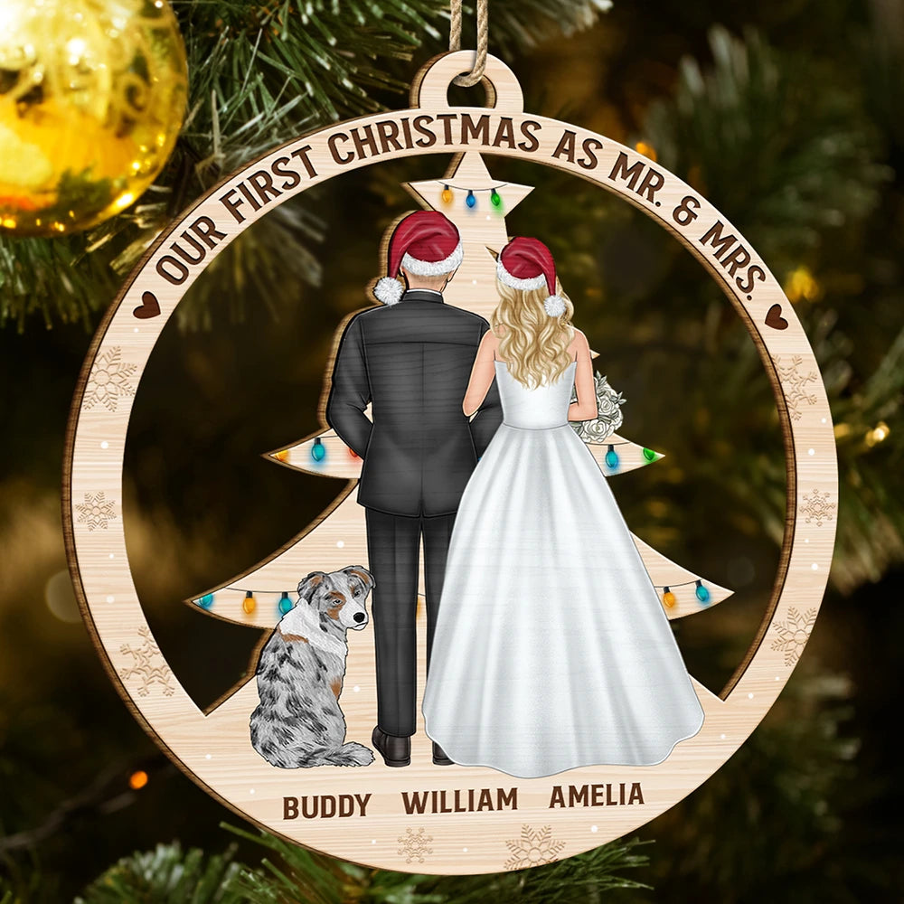 Our First Christmas As Mr & Mrs Wedding Couple And Pet - Personalized Custom Shaped Wooden Ornament