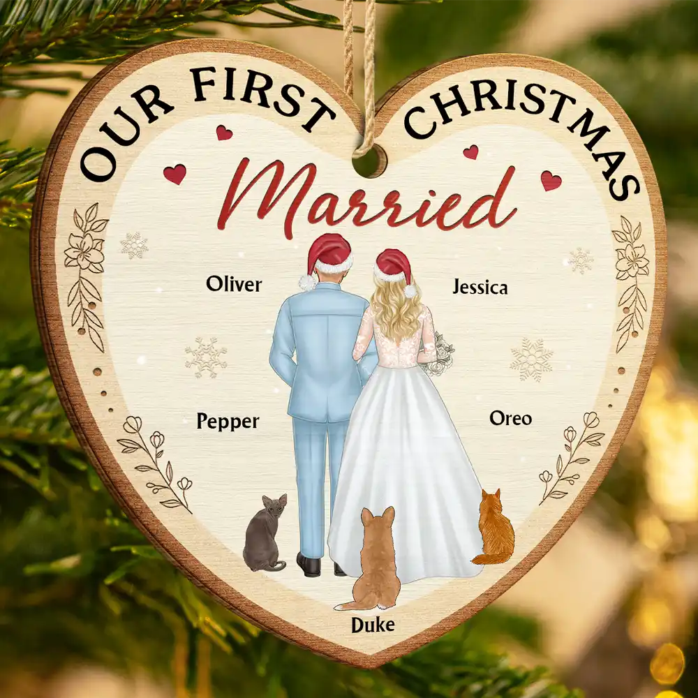 Love,Christmas,Gift For Couples,Wedding,Wedding Anniversary,Engaged,Married ,Pet Lovers,Pet Couple,Dog Lovers,Cat Lovers - Our First Christmas As Mr & Mrs Wedding Couple Pet - Personalized Custom Shaped Wooden Ornament