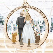 Love,Christmas,Gift For Couples,Wedding,Wedding Anniversary,Engaged,Married ,Pet Lovers,Pet Couple,Dog Lovers,Cat Lovers - Our First Christmas As Mr & Mrs Wedding Couple Pet - Personalized Custom Shaped Wooden Ornament