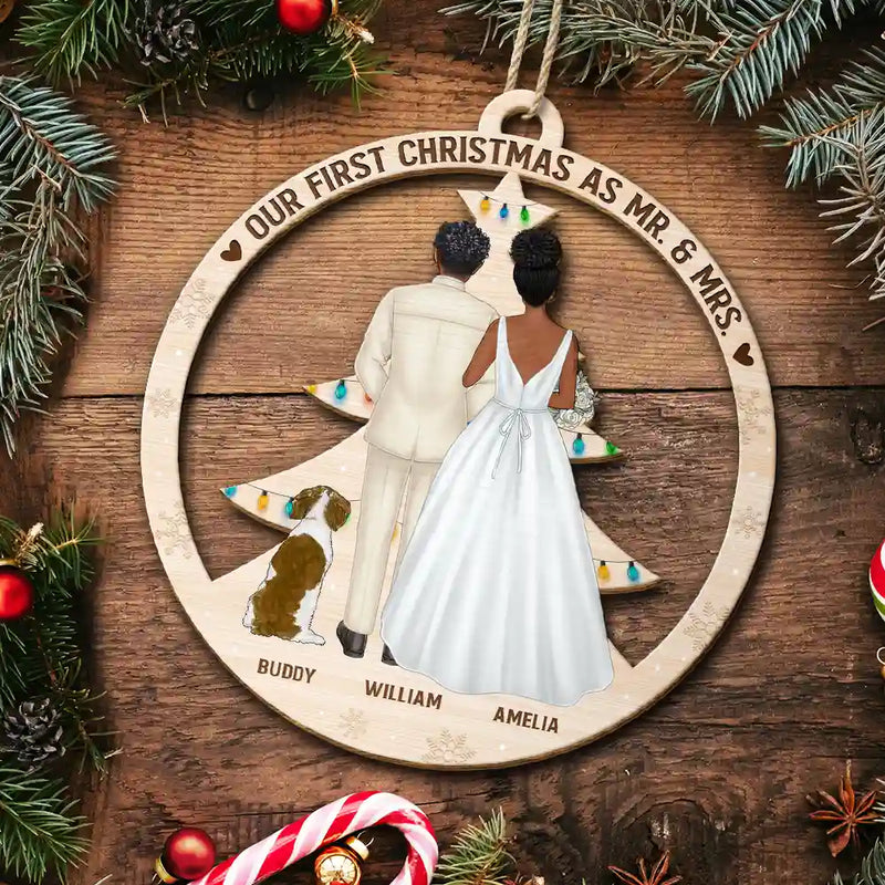 Love,Christmas,Gift For Couples,Wedding,Wedding Anniversary,Engaged,Married ,Pet Lovers,Pet Couple,Dog Lovers,Cat Lovers - Our First Christmas As Mr & Mrs Wedding Couple Pet - Personalized Custom Shaped Wooden Ornament