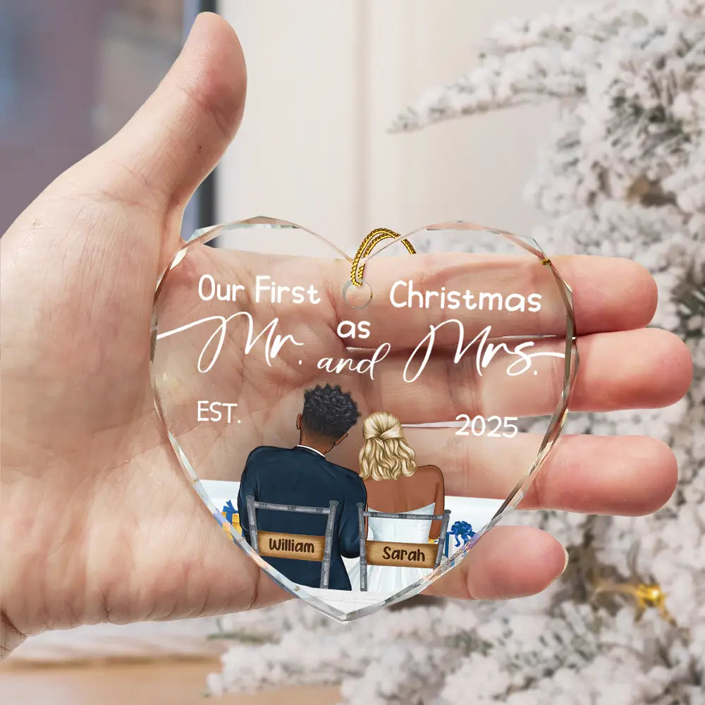 Gift For Couples - Our First Christmas Married Couples - Personalized Heart Shaped Glass Ornament