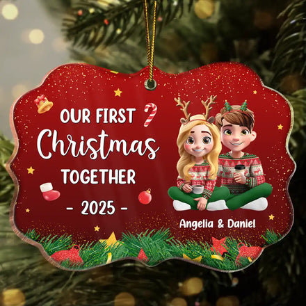Our First Christmas Together 3D Effect Couple Sitting - Personalized Medallion Acrylic Ornament