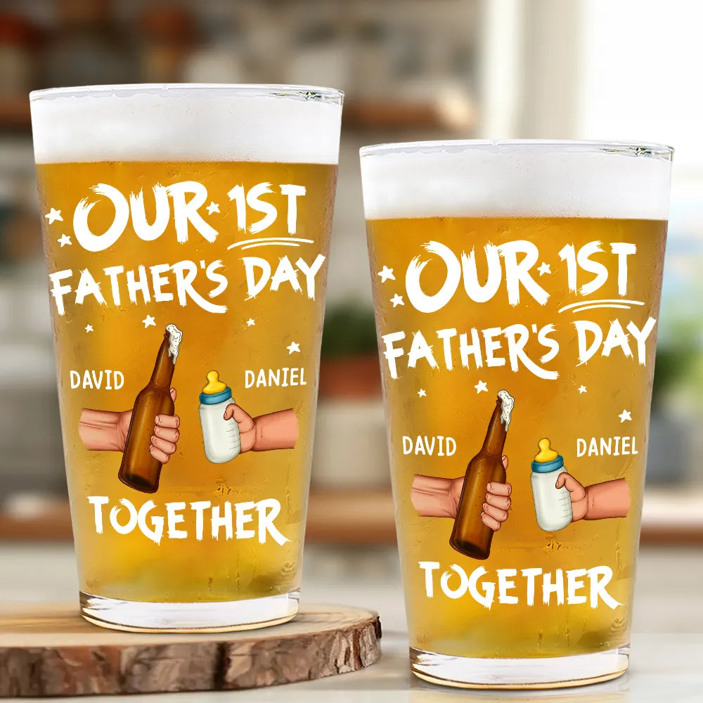 Gift For Husband,Gift For Yourself,Gift For Men,Parents,Gift For Father,New Dad,New baby,Happy,Summer,Vector - Our First Father's Day Together - Personalized Beer Glass