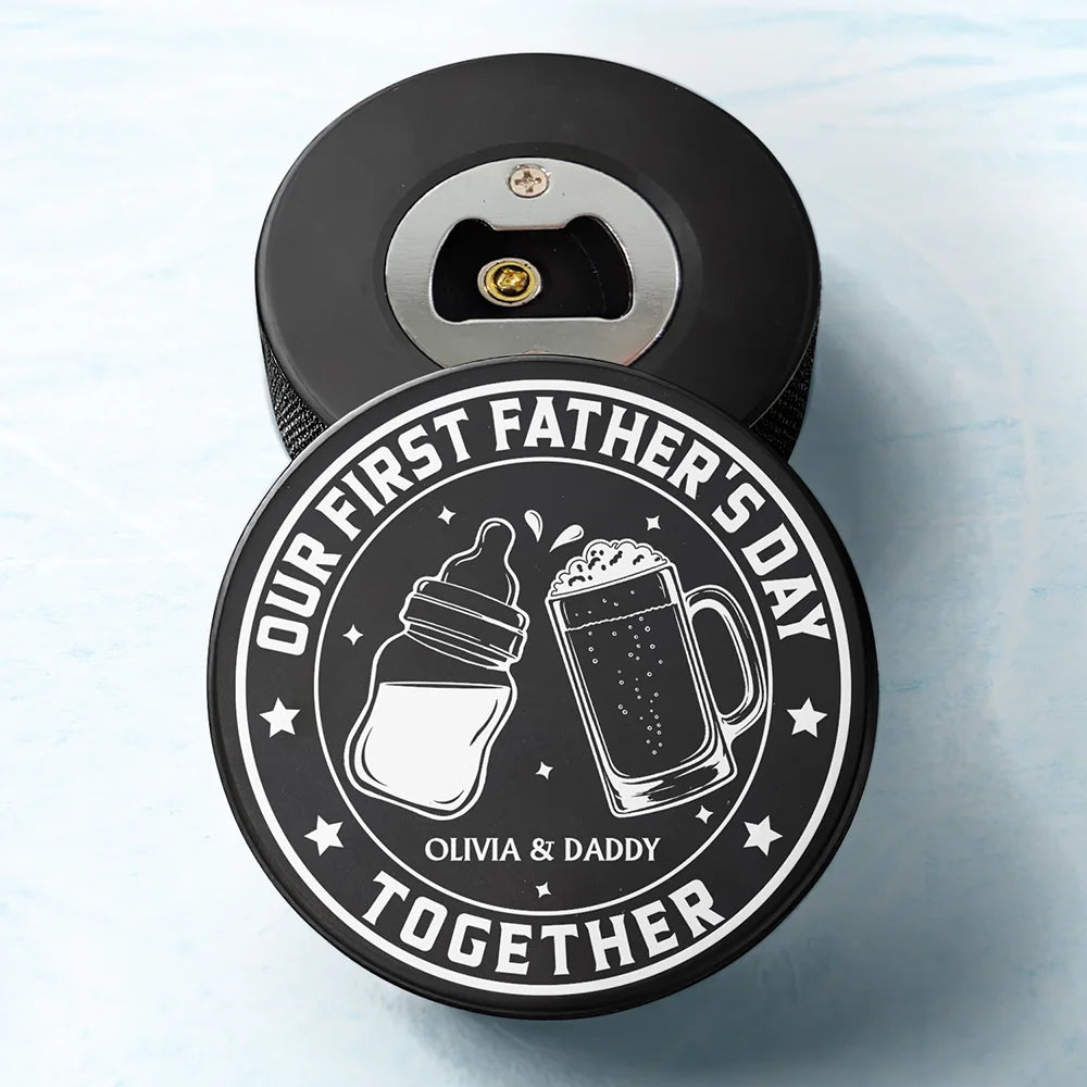 Gift For Father,New Dad,Non-Eng,Icon,Adorable - Our First Father's Day Together - Personalized Hockey Puck Bottle Opener